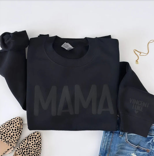 MAMA Puff Print Sweatshirt with children’s name on Sleeve
